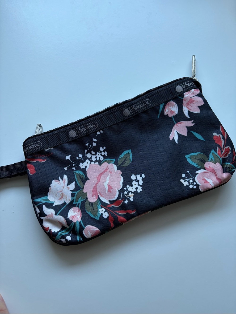LeSportsac Black Floral Wristlet Pouch with Pink Flowers